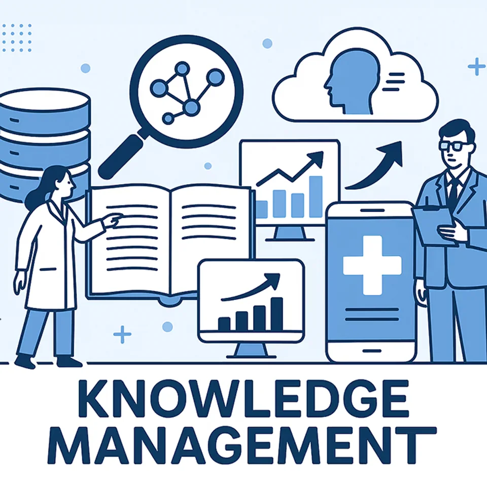 A doctor and a sales rep with symbols of graphs, books, phones, and symbols signifying the need for knowledge management in medtech.