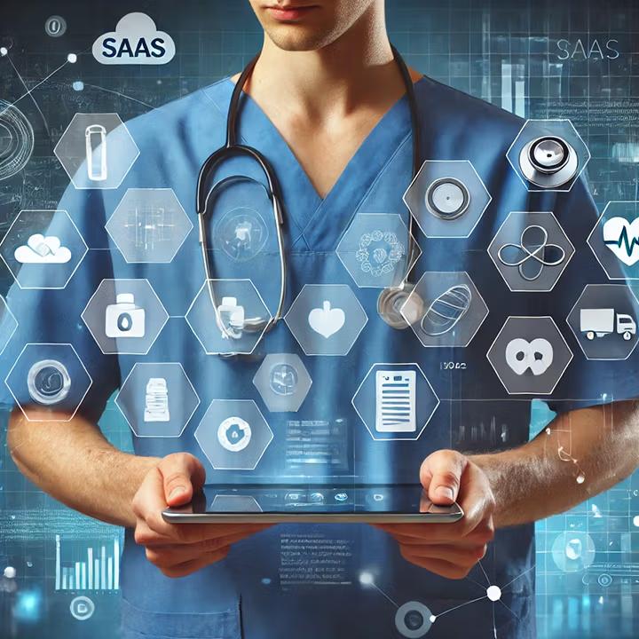 Medical device sales rep in blue scrubs using saas tools to manage inventory