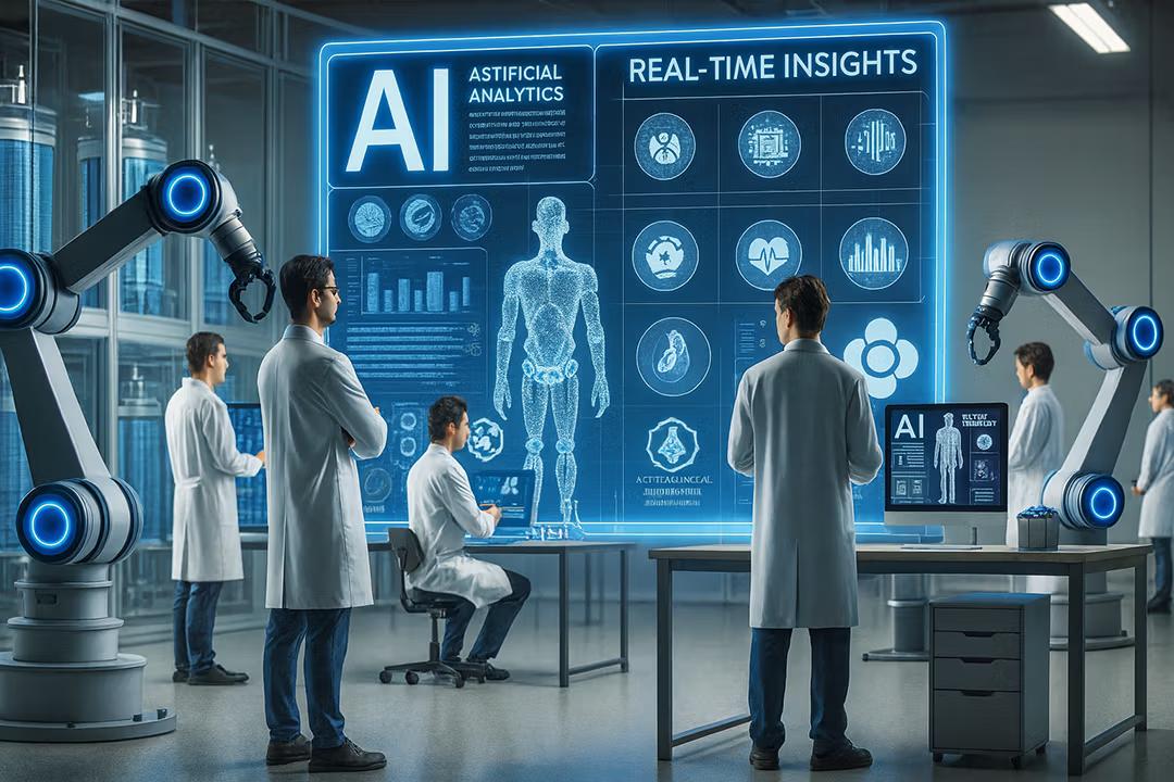 AI driven medical device lab with AI helping business ops function, robot arms, large computer screen