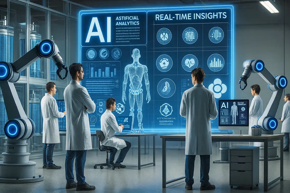AI driven medical device lab with AI helping business ops function, robot arms, large computer screen