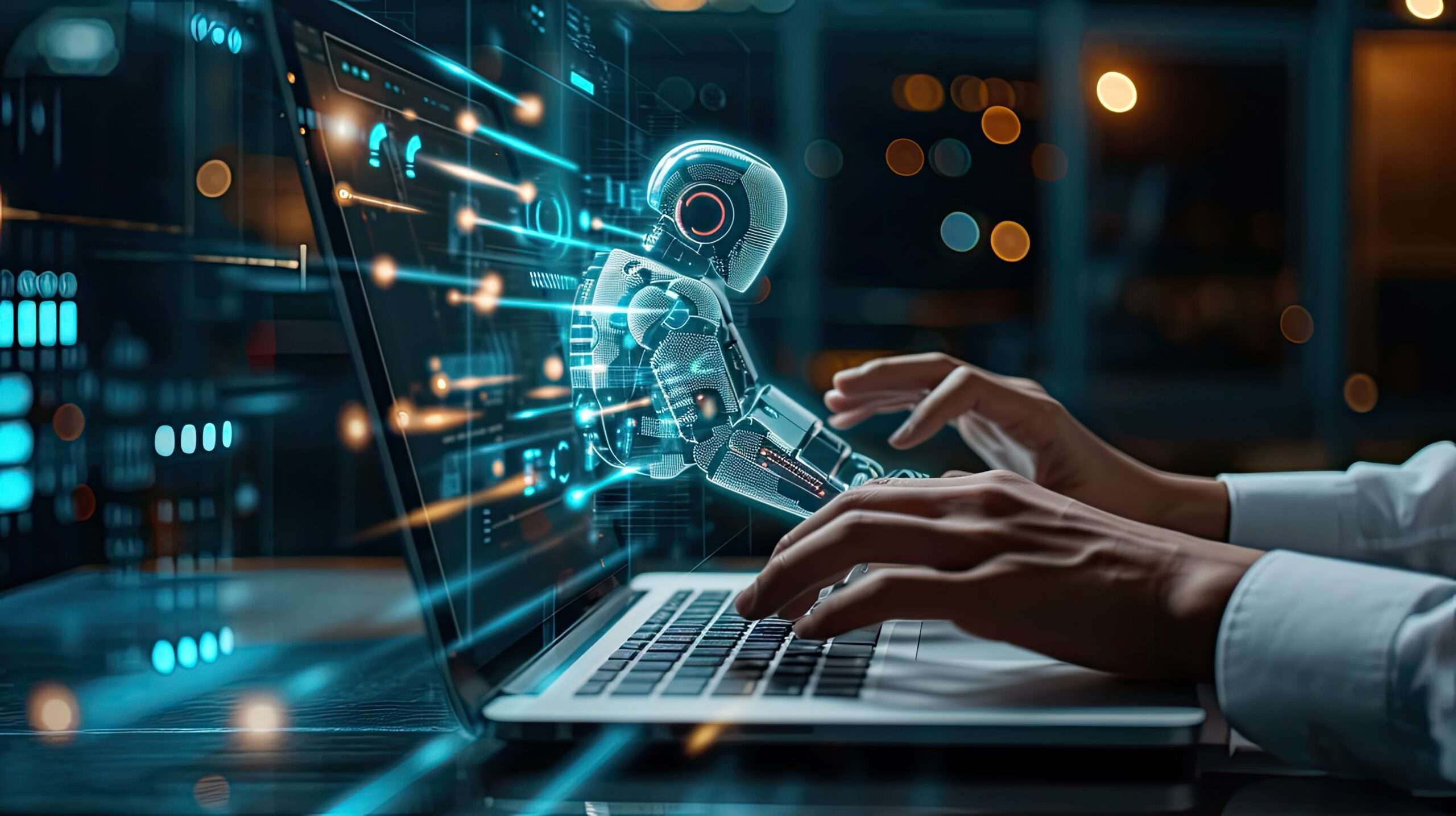 a hologram of a robot coming out of a laptop screen with two hands typing to represent an AI implementation