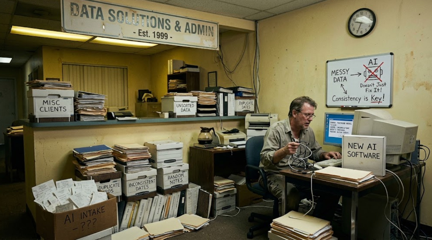 a man working in a run down office with messy files and an old computer with a sign "Data solutions & Admin Est. 1999", trying to make the "new ai software" fix his data standards mess with no hope in sight. 