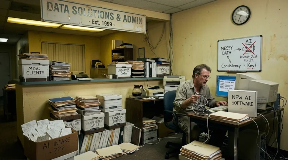 a man working in a run down office with messy files and an old computer with a sign "Data solutions & Admin Est. 1999", trying to make the "new ai software" fix his data standards mess with no hope in sight. 