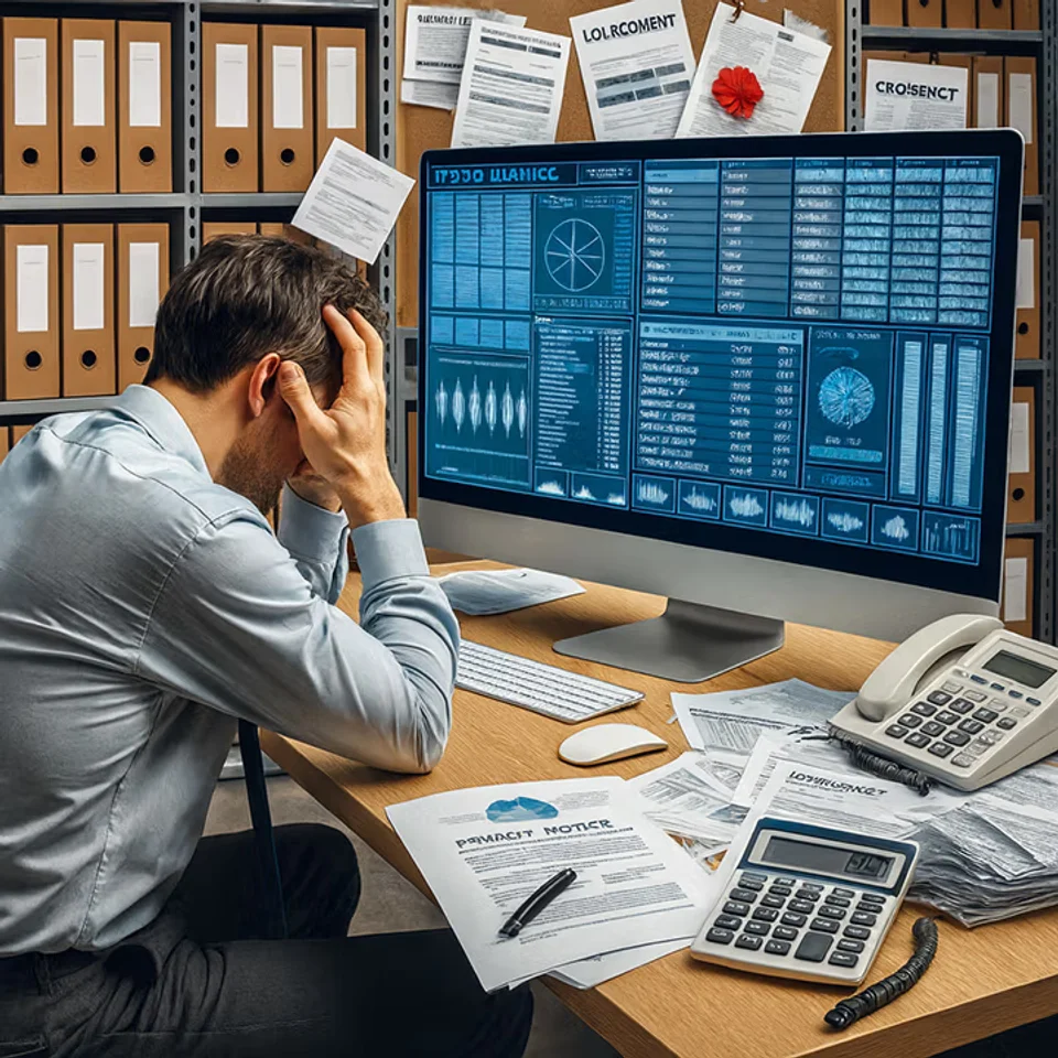 Medical device employee stressed by complex details of the purchasing process