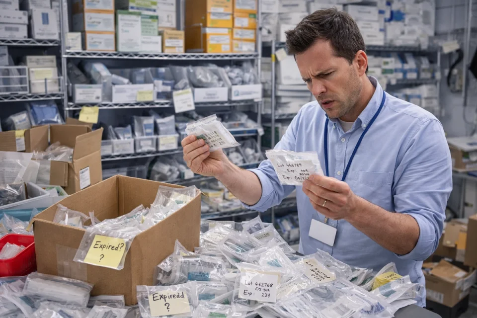 A medical device sales rep frustrated trying to sort through expired inventory and clear out what is at risk from the good inventory.