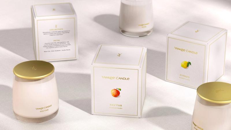 Yankee Candle premium collection featuring Nectar, Citron, and Petal candle jars and boxes — premium line packaging design by Beardwood