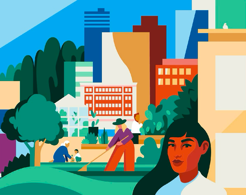 vibrant illustration of a cityscape with people farming in the middle and a woman in the lower right corner  - beardwood