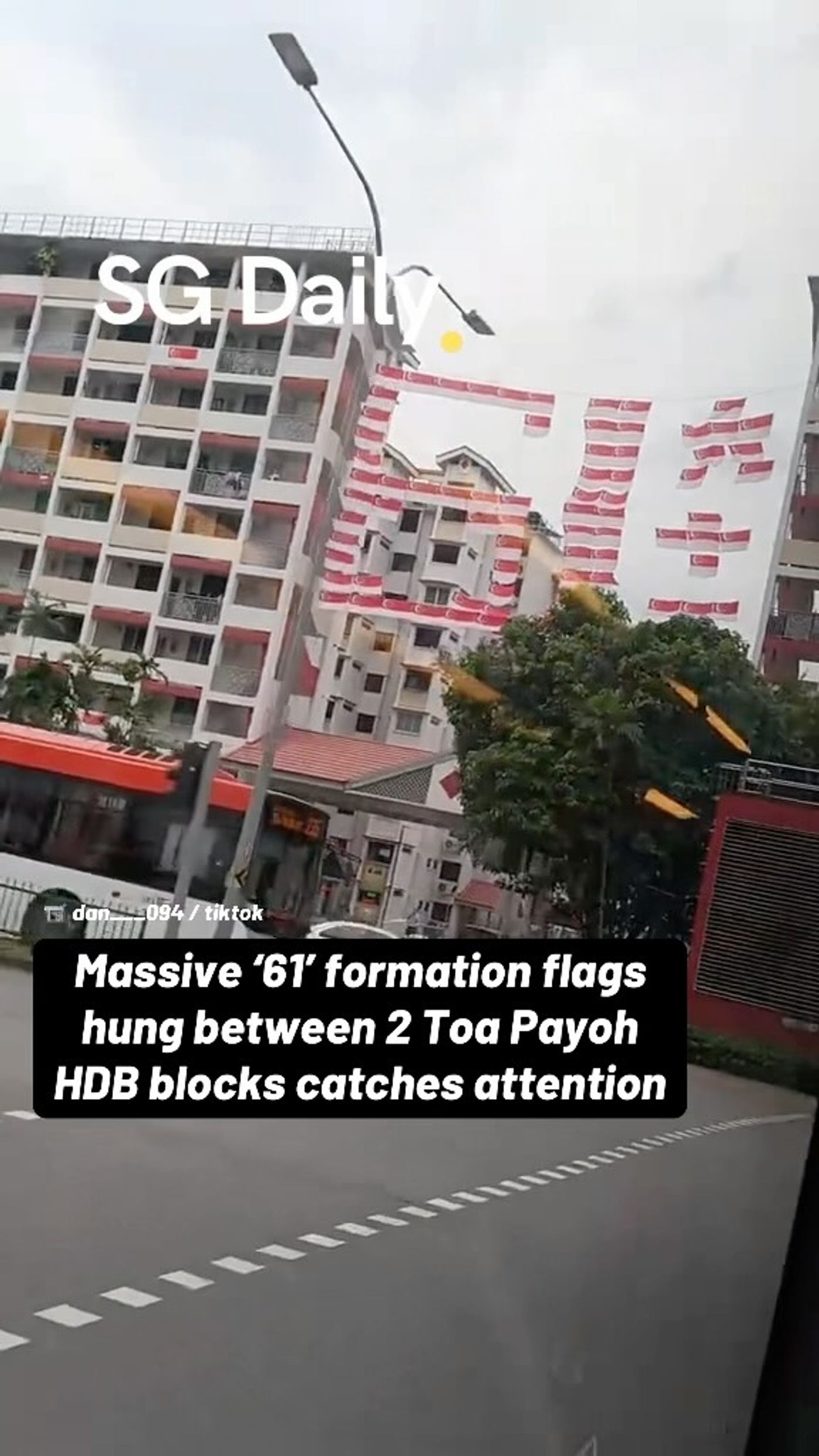 Massive '61' formation flags hung between 2 Toa Payoh HDB blocks