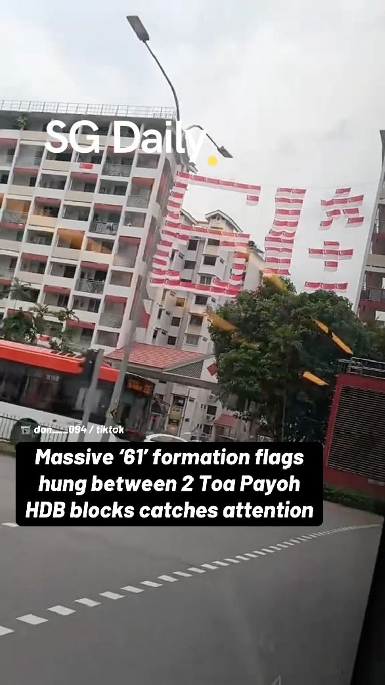 Massive '61' formation flags hung between 2 Toa Payoh HDB blocks