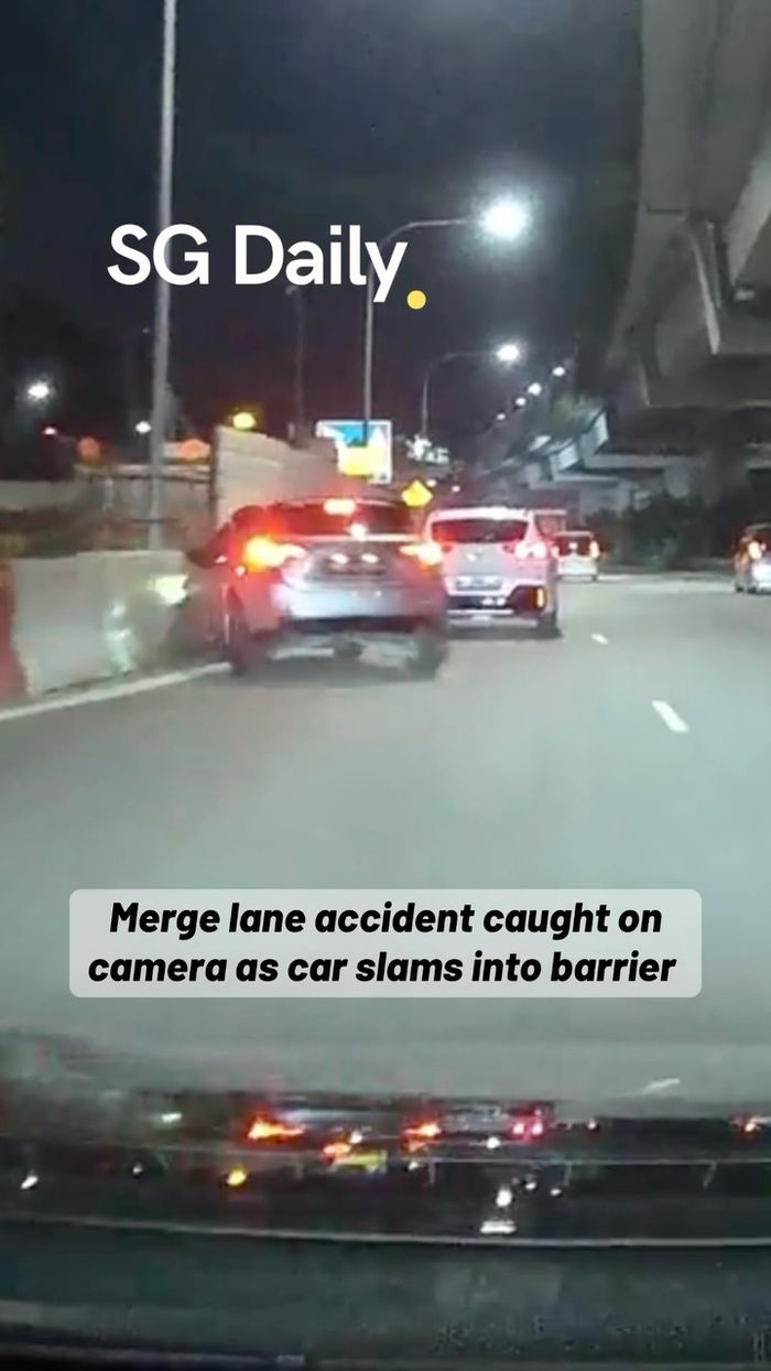 Merge lane accident caught on camera as car slams into barrier