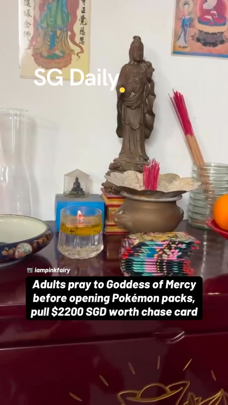 Adults pray to Goddess of Mercy before opening Pokemon packs and pull a $2,200 card