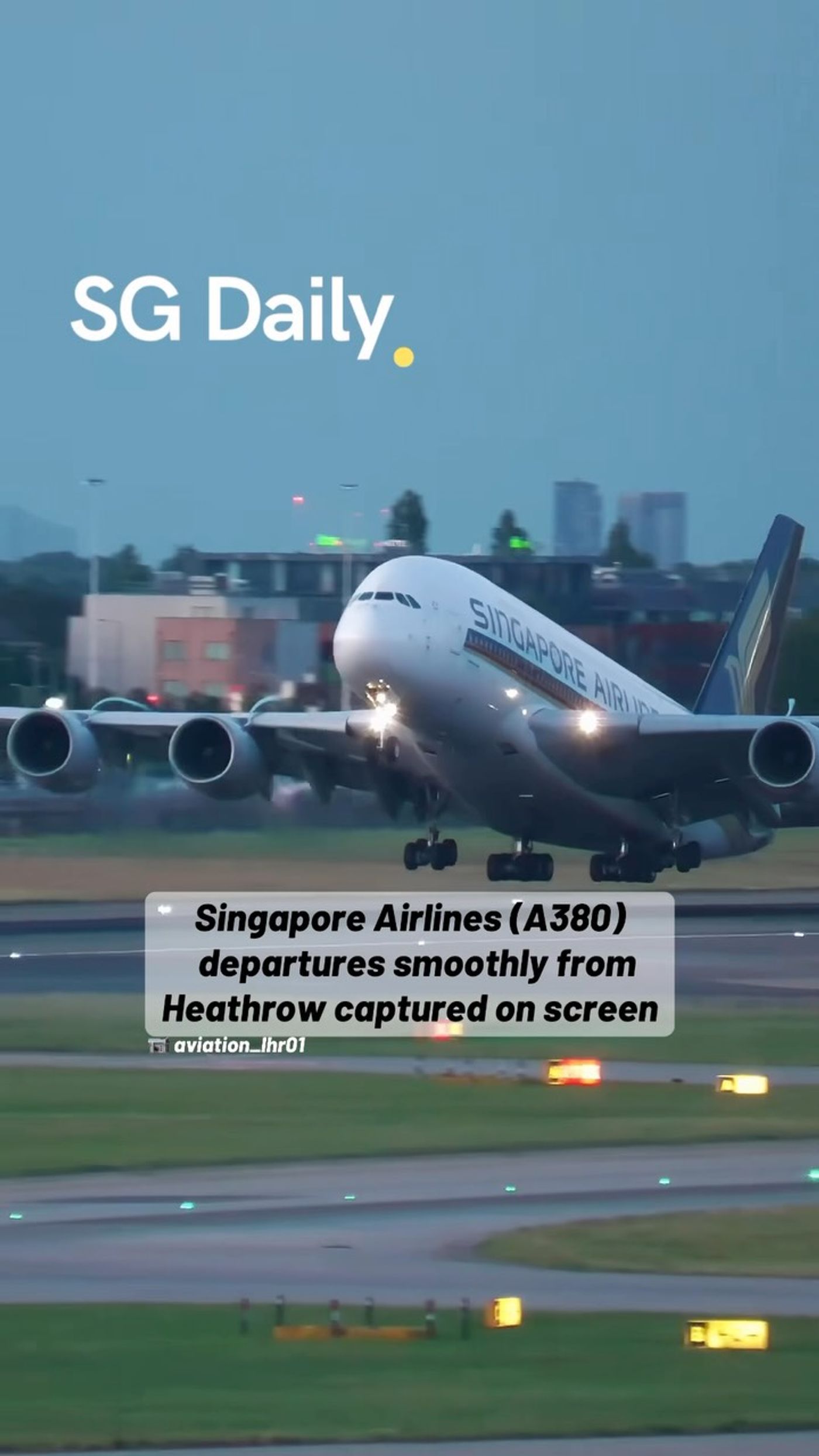 Singapore Airlines (A380) departures smoothly from Heathrow captured on screen