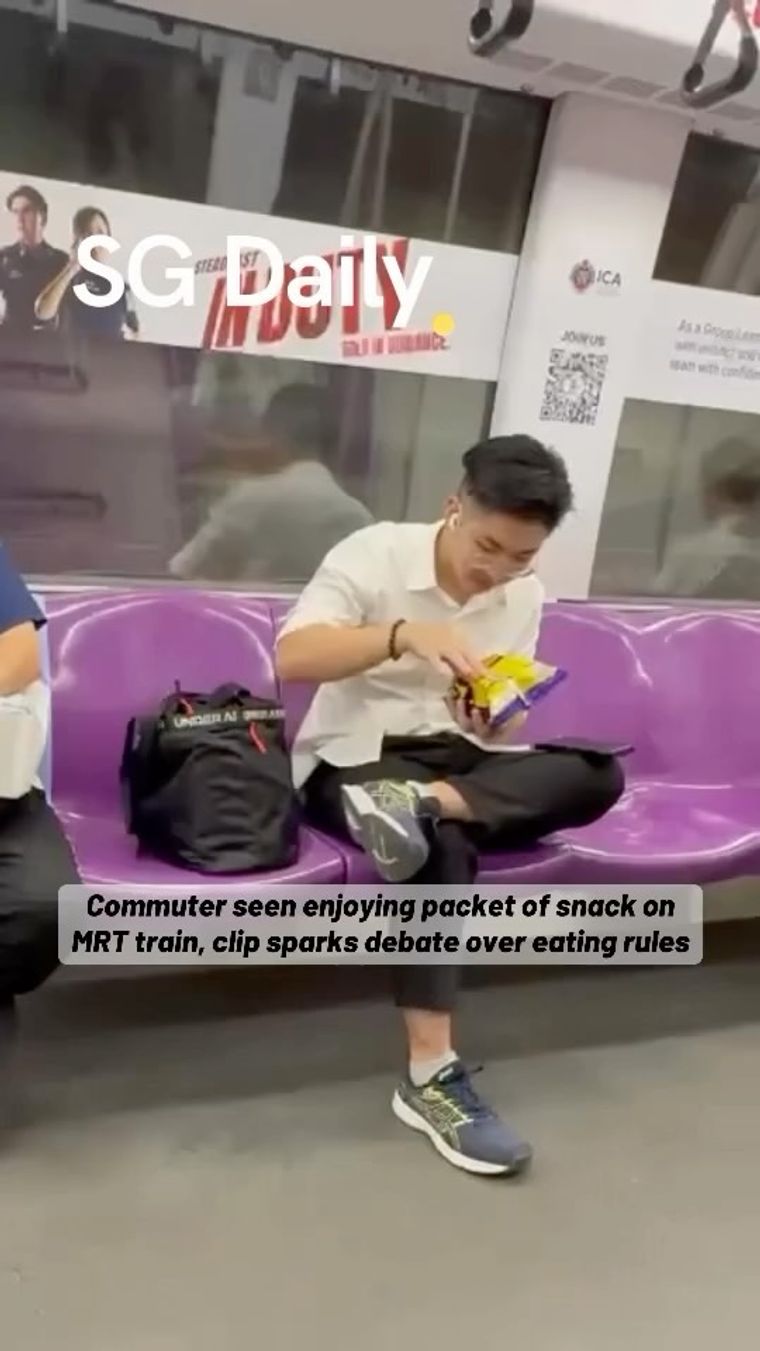 Commuter seen enjoying packet of snack on MRT train, clip sparks debate over eating rules
