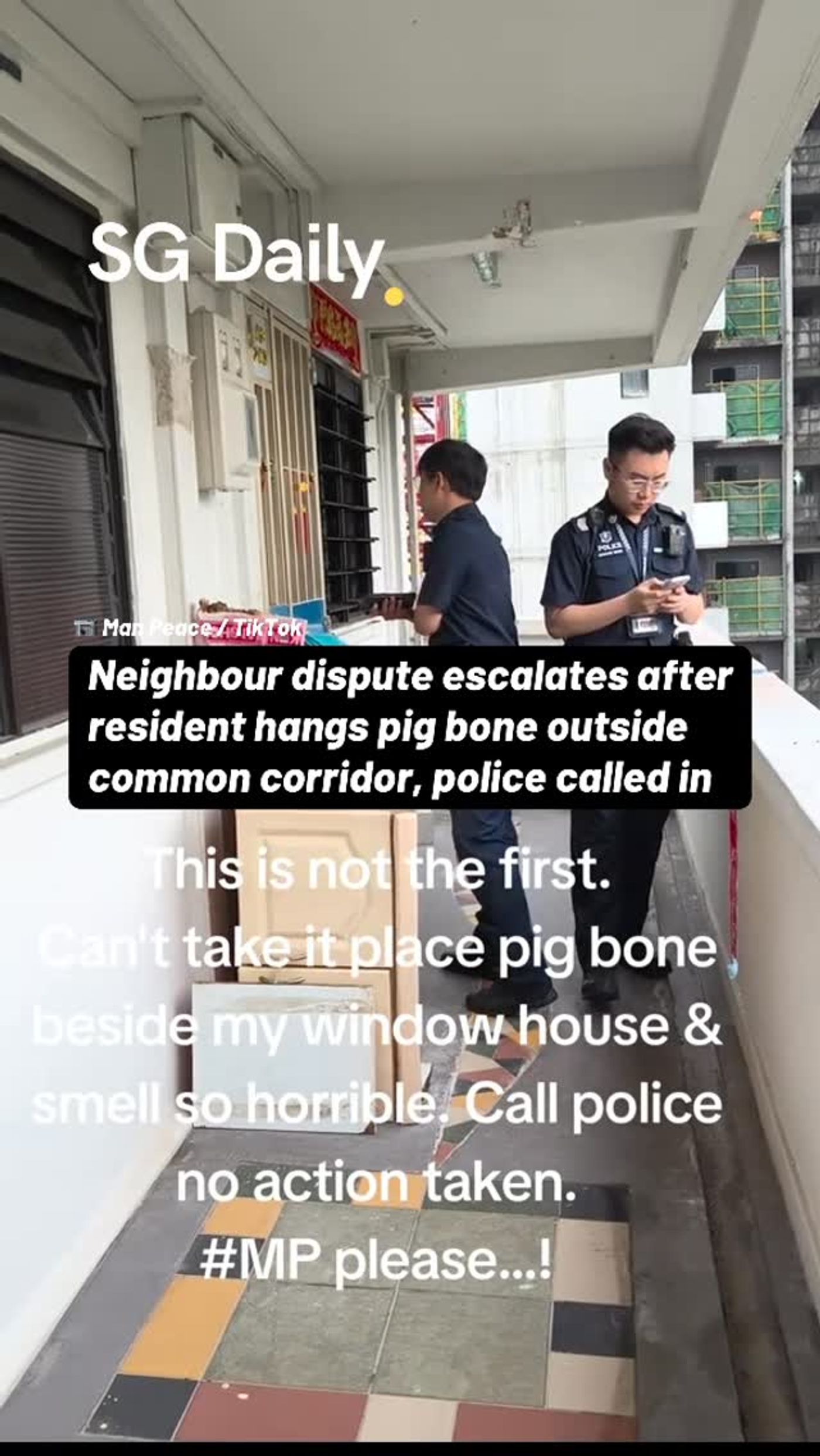 Resident reports pig bone hanging outside HDB corridor