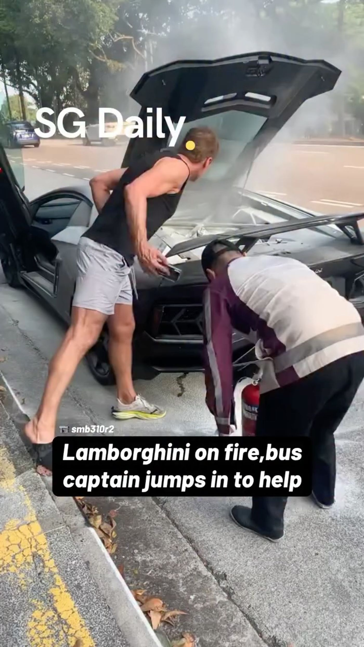 Bus Captain Uses Extinguisher to Help Put Out Lamborghini Fire