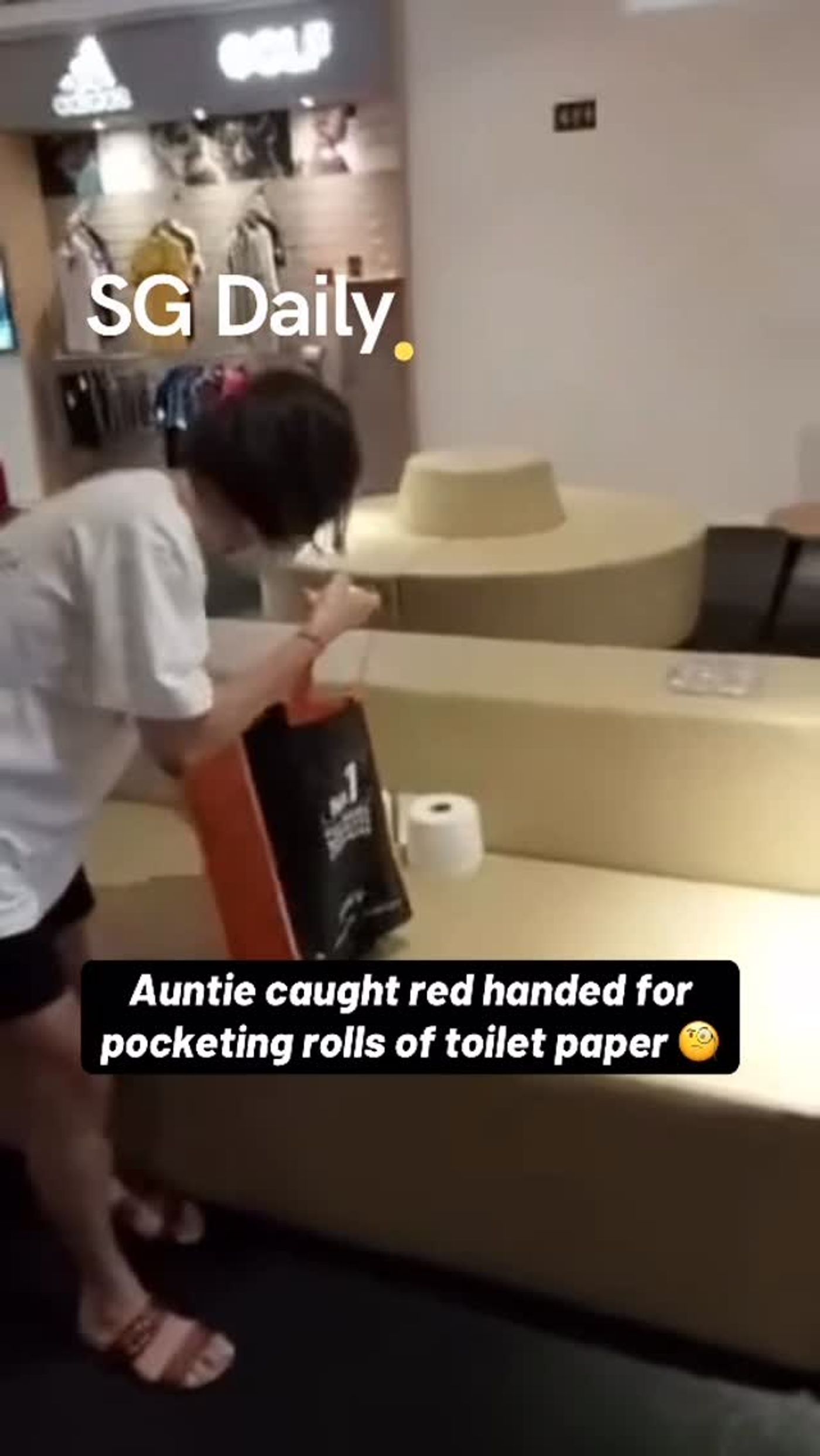 Woman caught red-handed pocketing rolls of toilet paper