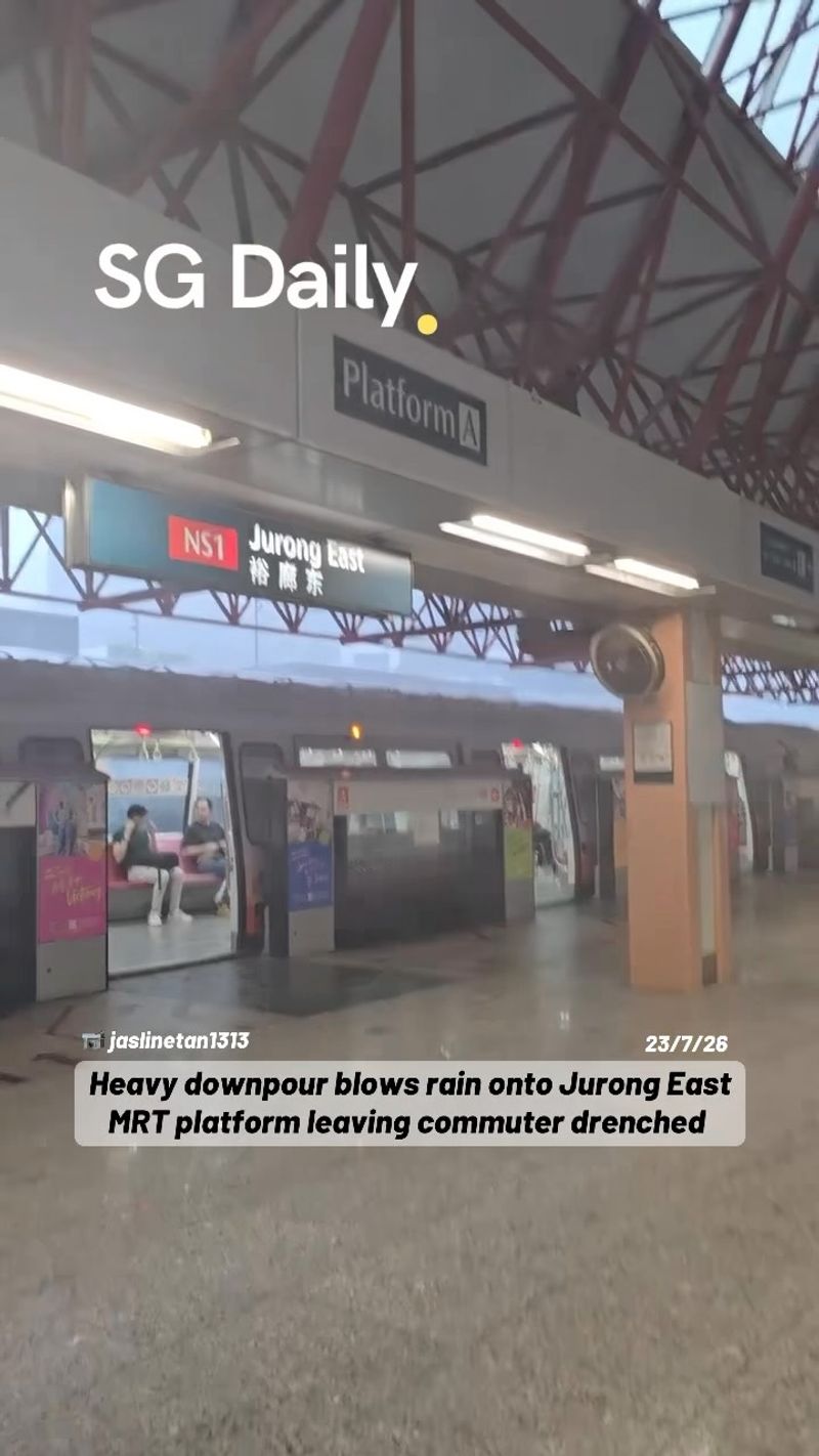 Heavy downpour blows rain onto Jurong East MRT platform leaving commuter drenched