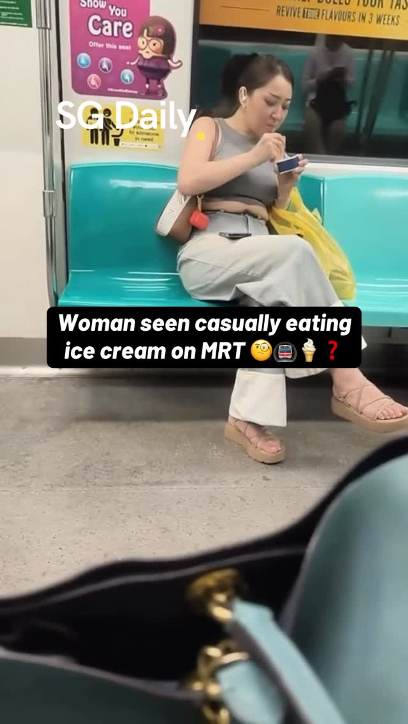 Woman seen casually eating ice cream on MRT