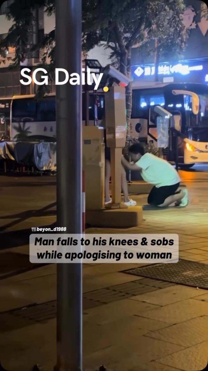 Man falls to his knees & sobs while apologising to woman