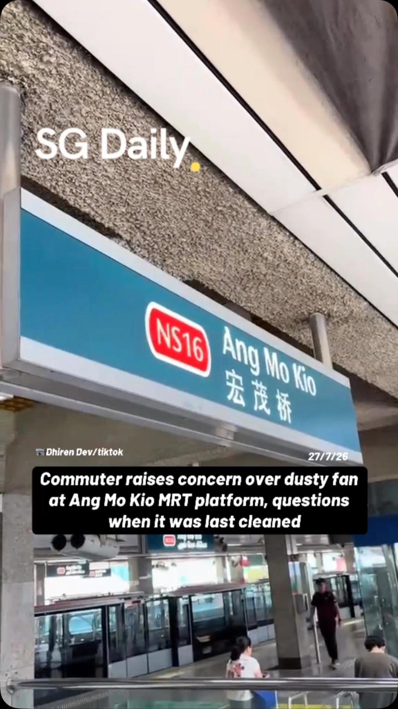 Commuter raises concern over dusty fan at Ang Mo Kio MRT platform, questions when it was last cleaned