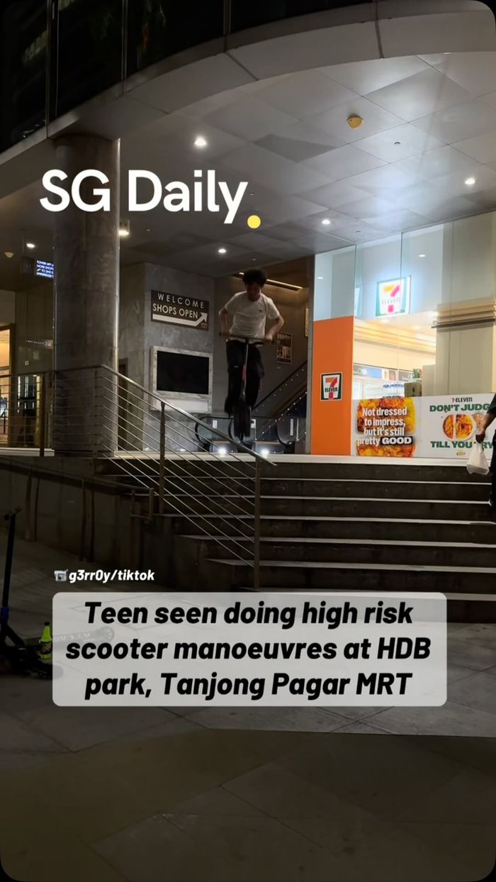Teen seen doing high risk scooter manoeuvres at HDB park, Tanjong Pagar MRT