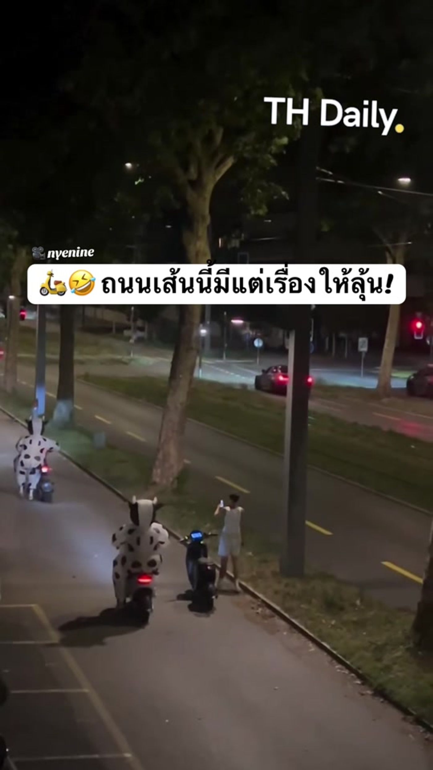 Riders in cow-patterned outfits pass along a street at night