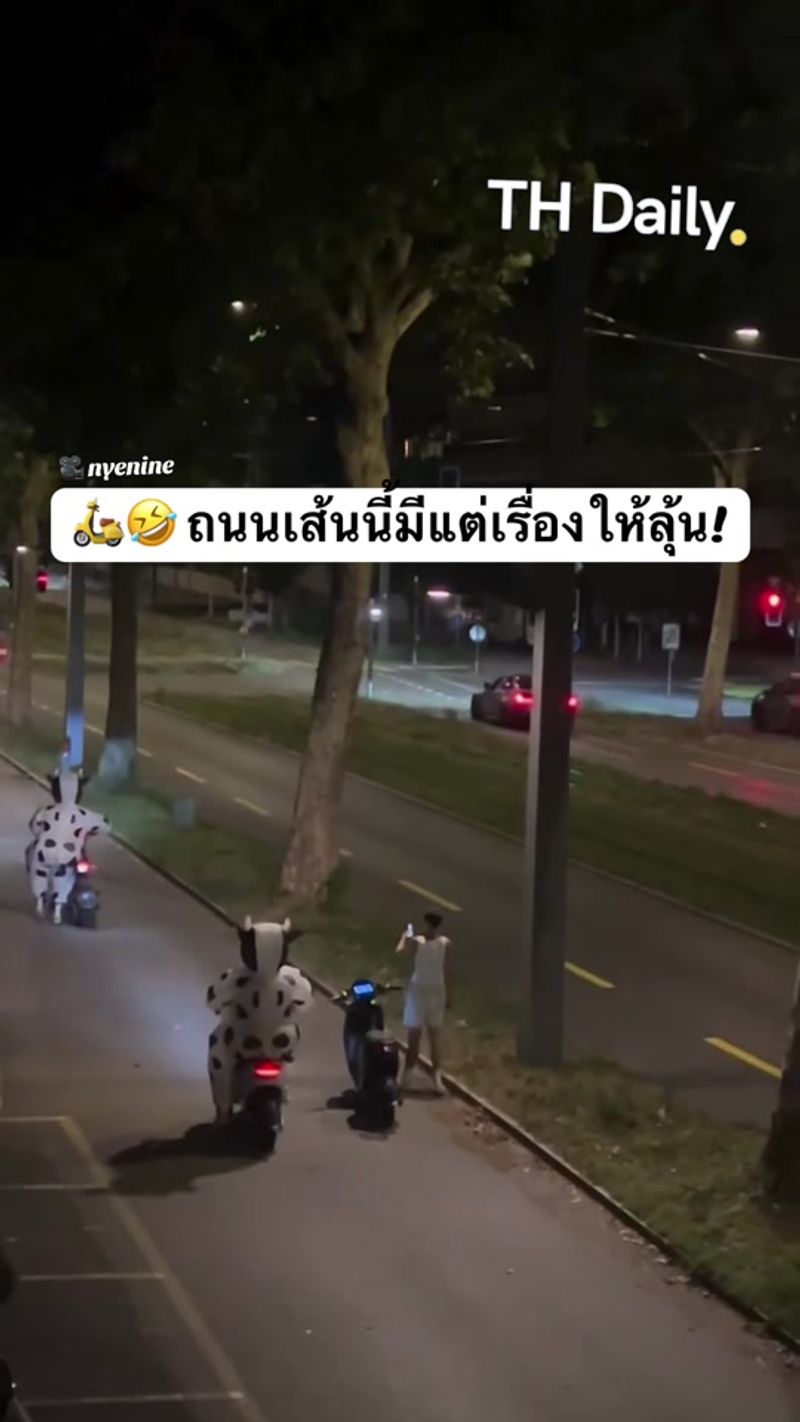 Riders in cow-patterned outfits pass along a street at night