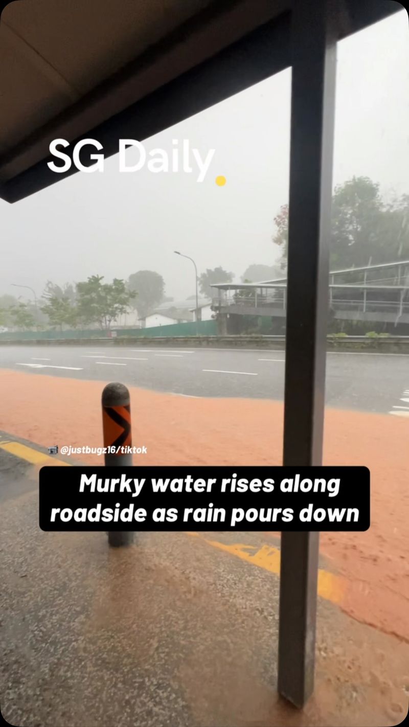 Murky water rises along roadside as rain pours down