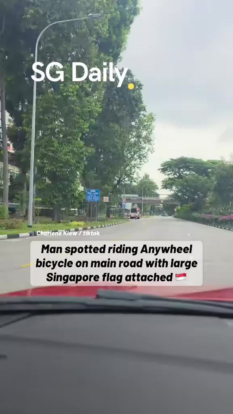 Man spotted riding Anywheel bicycle on main road with large Singapore flag attached