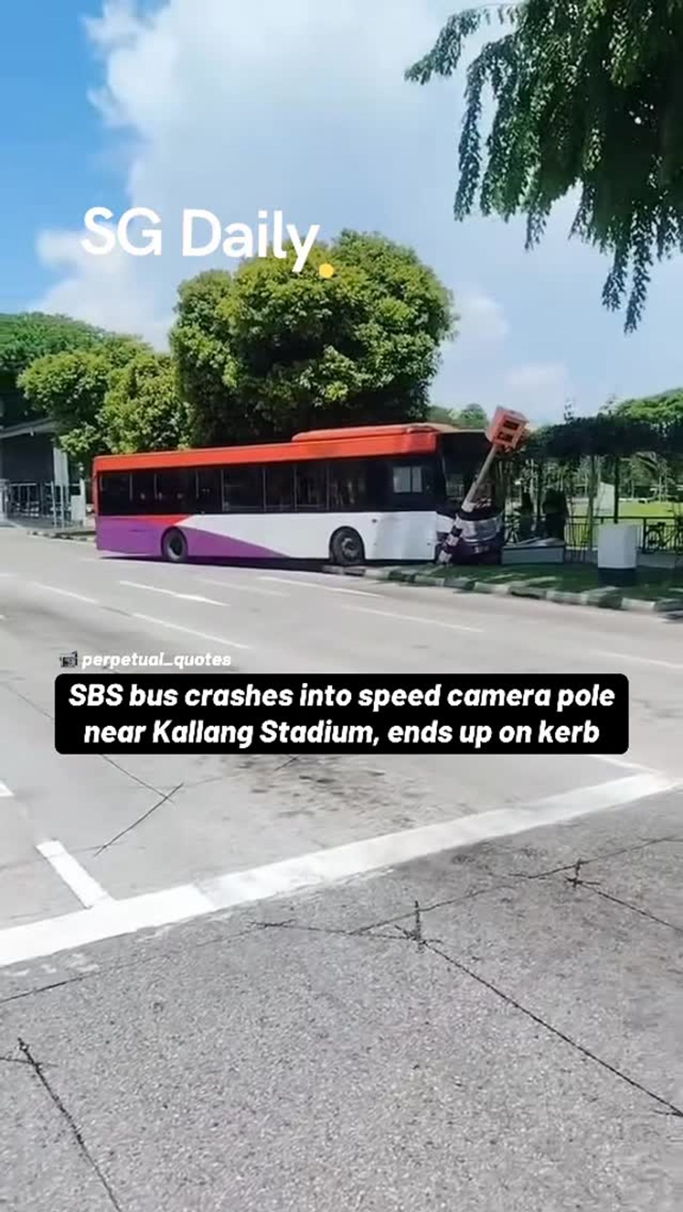 SBS Transit bus crashes into traffic camera near Kallang Stadium, ends up on kerb