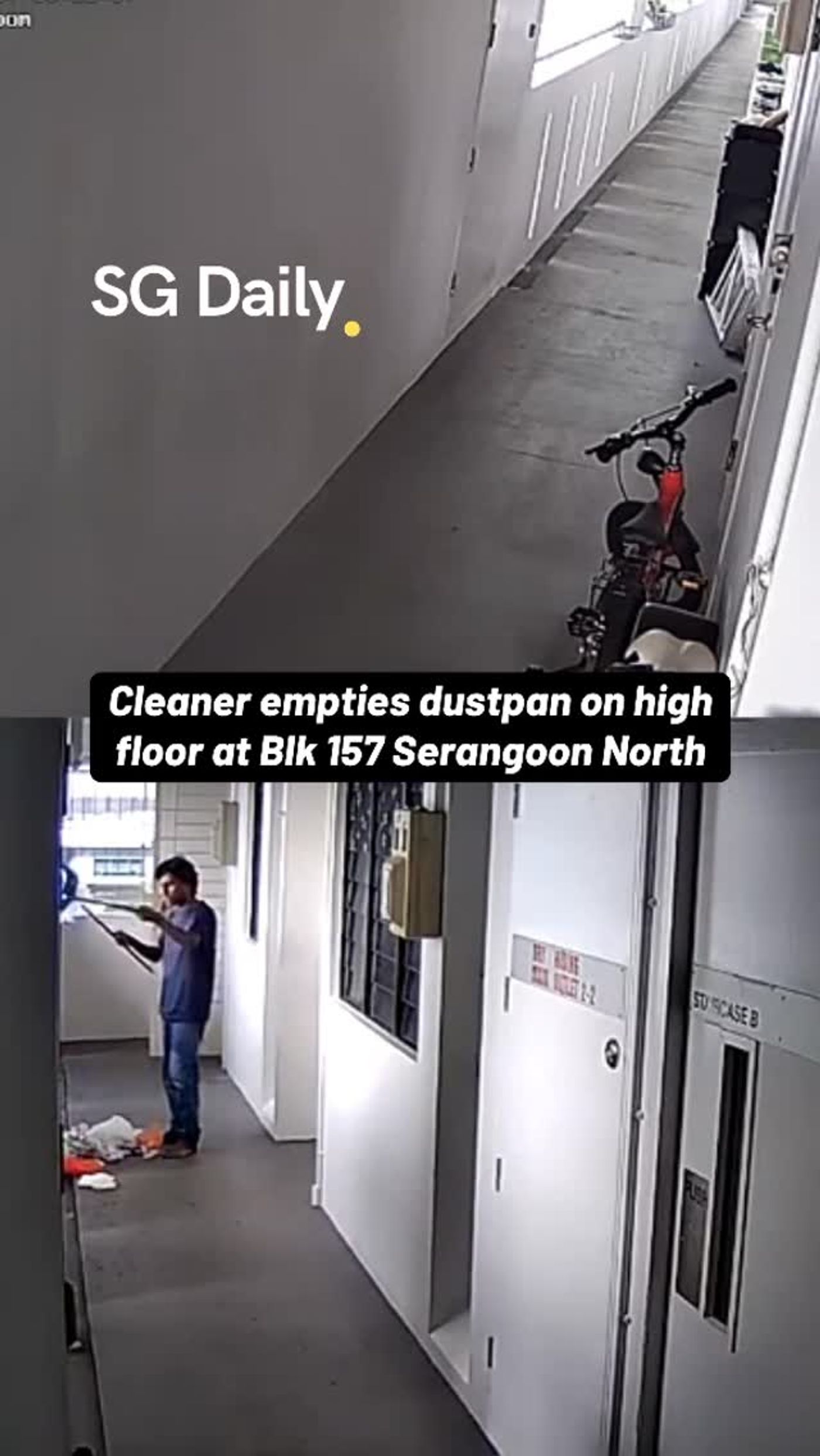 Cleaner empties dustpan on a high floor at Blk 157 Serangoon North