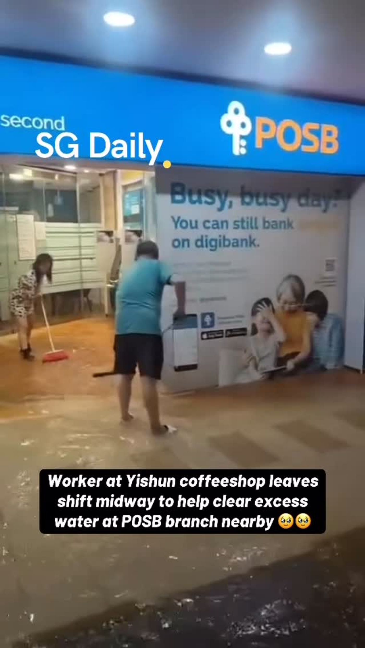 Yishun coffeeshop worker leaves shift to help clear water at nearby POSB branch