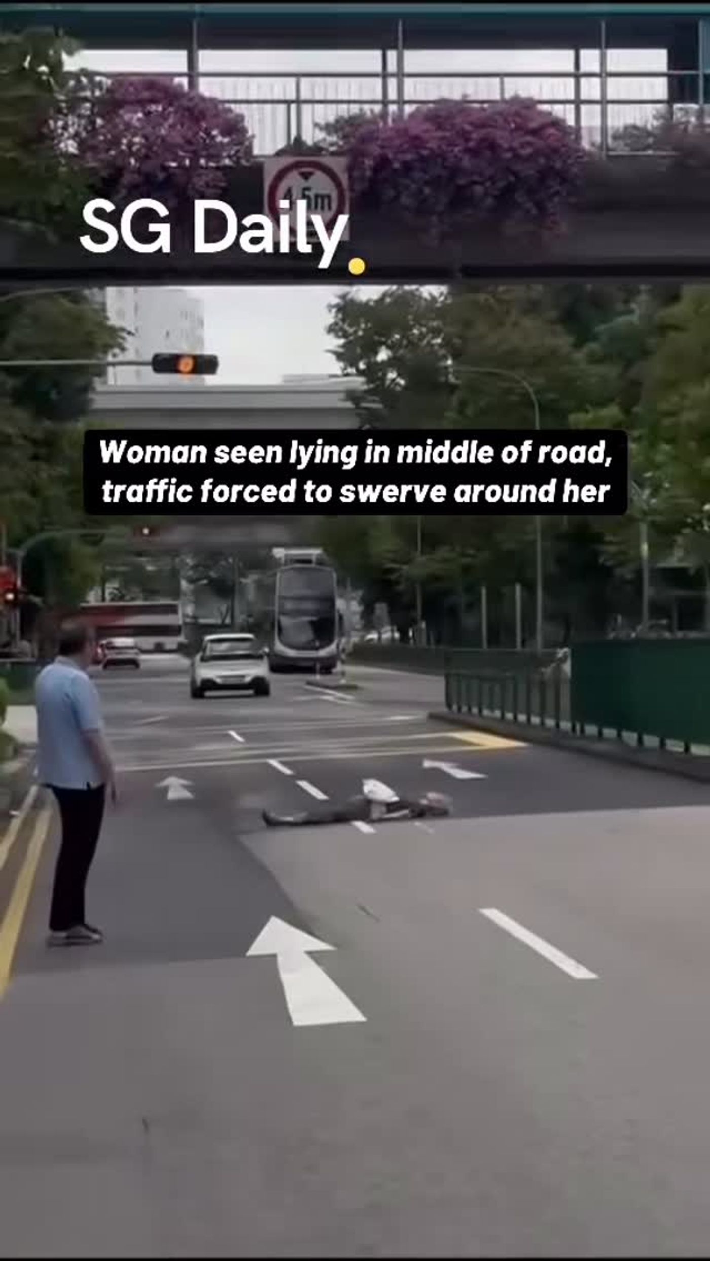 Woman seen lying in road as traffic swerves around her
