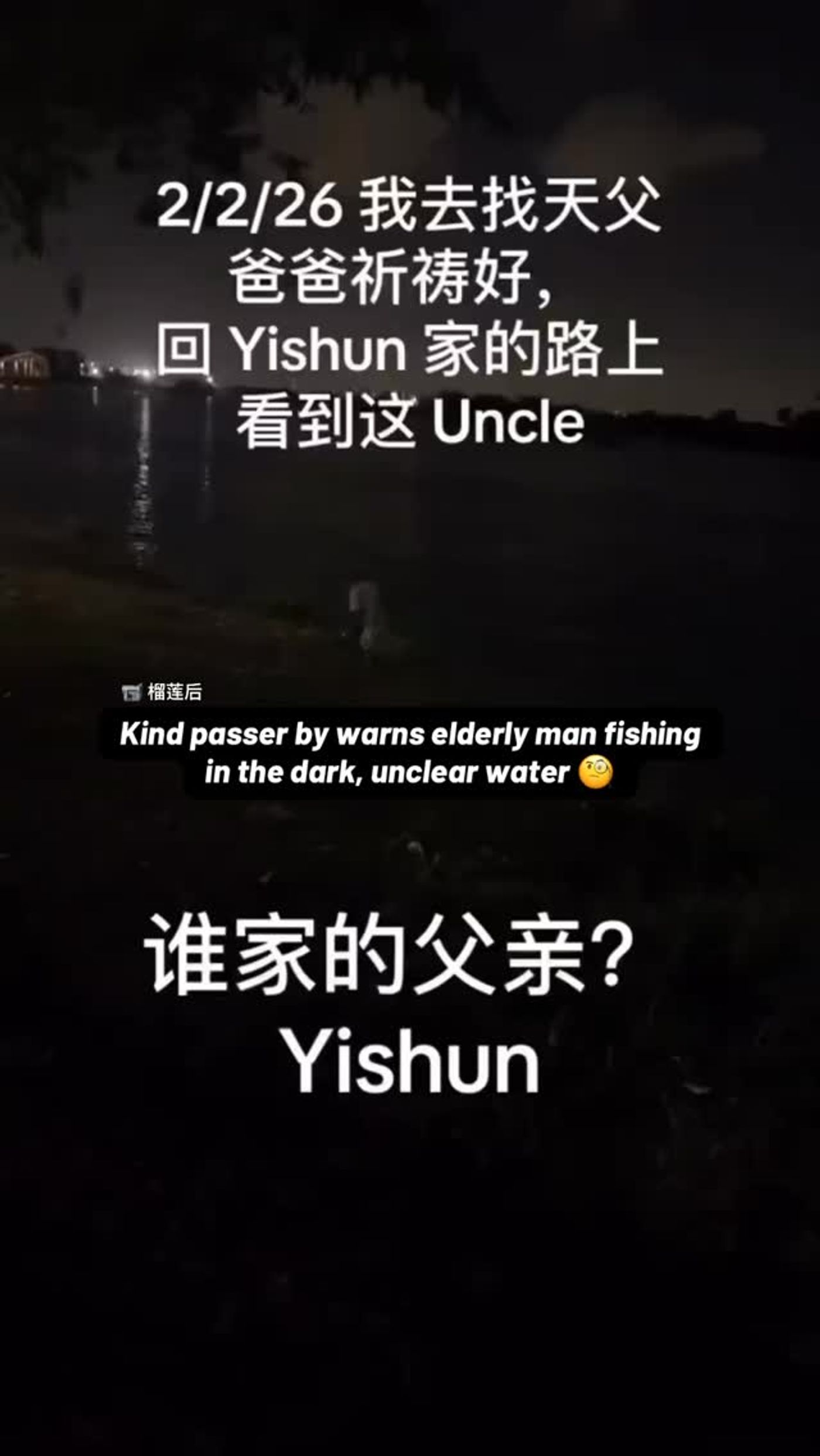 Kind passer-by warns elderly man fishing in dark, unclear water