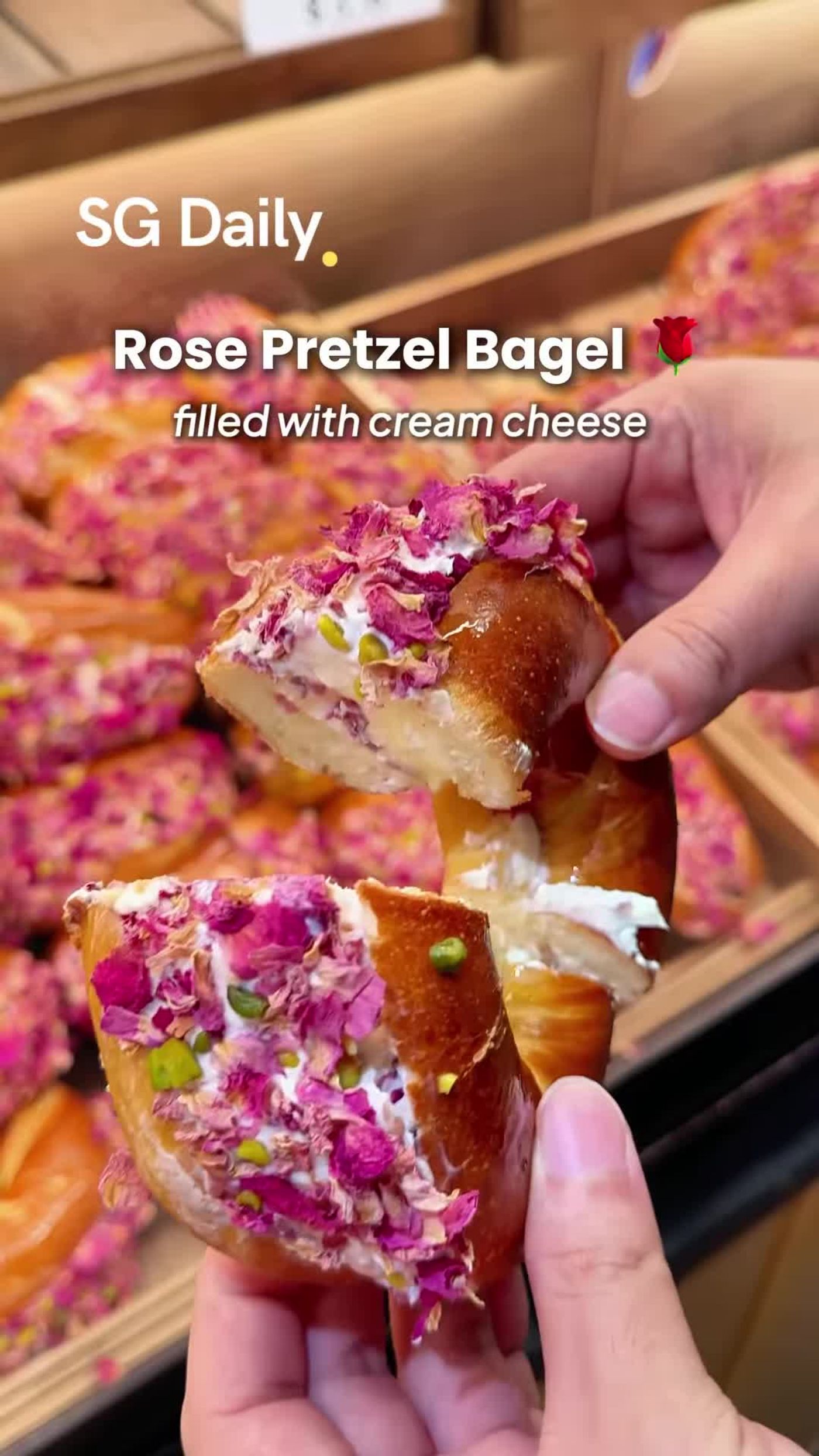 Rose pretzel bagel filled with cream cheese