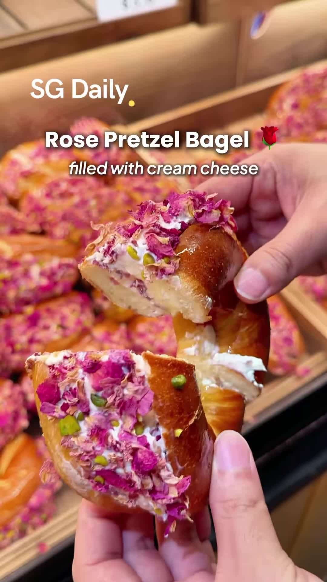 Rose pretzel bagel filled with cream cheese