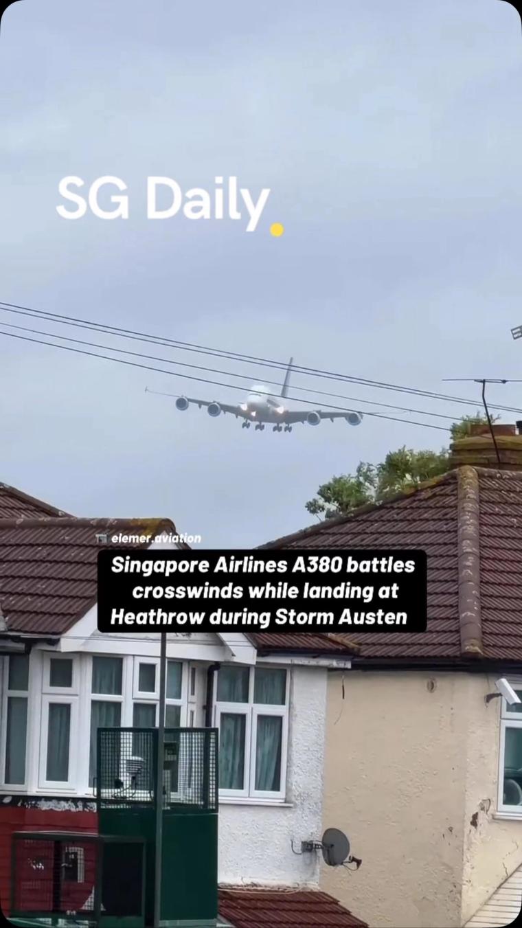 Singapore Airlines A380 battles crosswinds while landing at Heathrow during Storm Austen