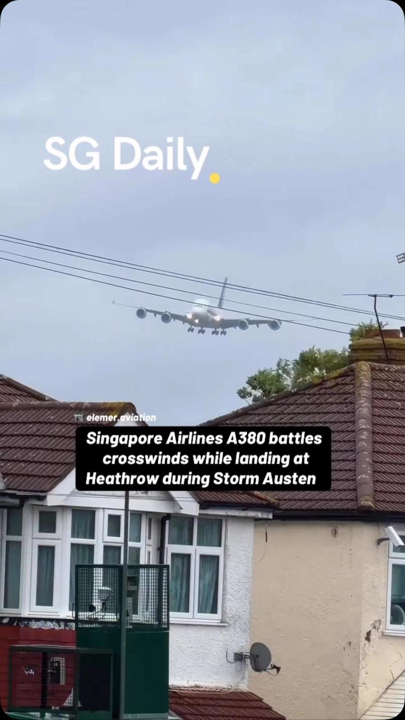 Singapore Airlines A380 battles crosswinds while landing at Heathrow during Storm Austen