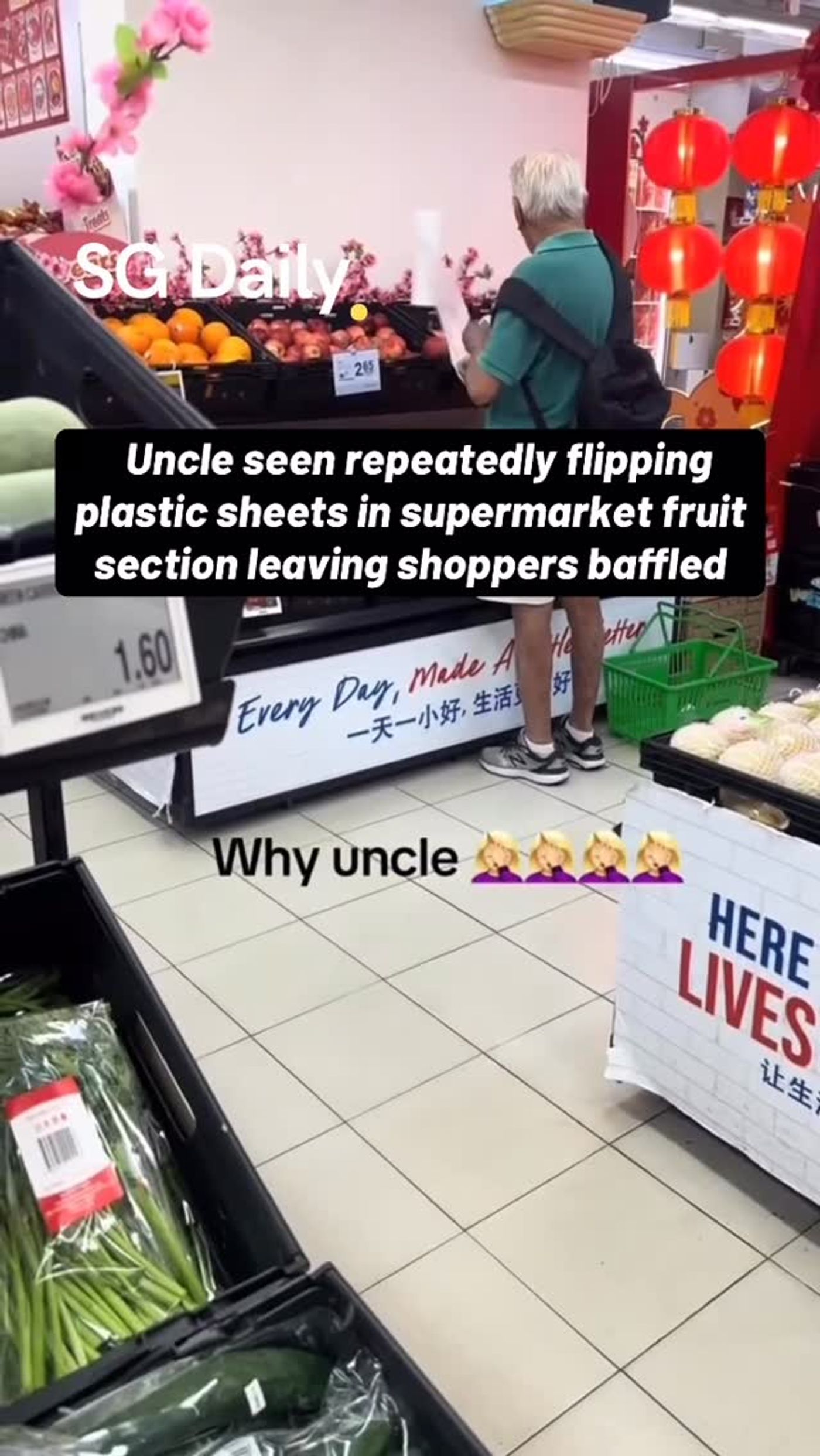 Uncle Seen Repeatedly Flipping Plastic Sheets in Supermarket Fruit Section, Leaving Shoppers Baffled