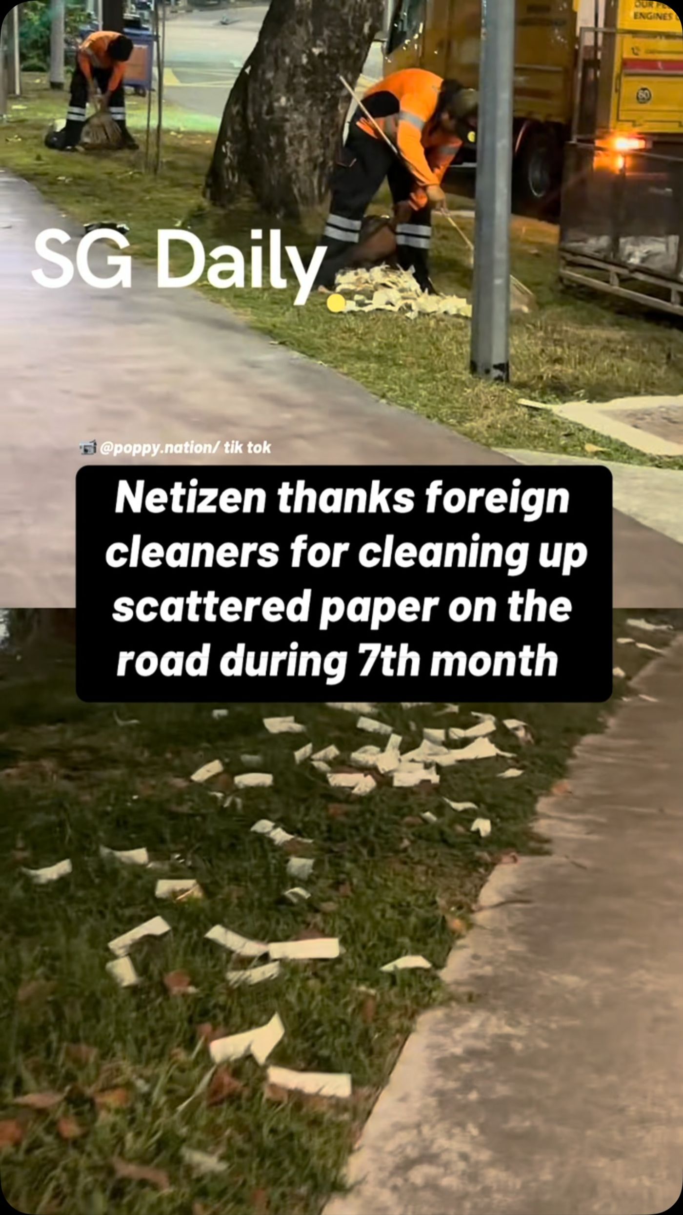 Netizen thanks foreign cleaners for cleaning up scattered paper on the road during 7th month