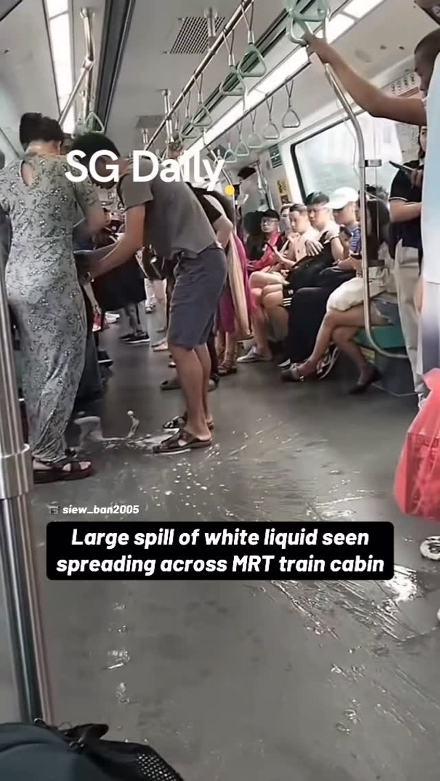 Large spill of white liquid seen spreading across MRT train cabin