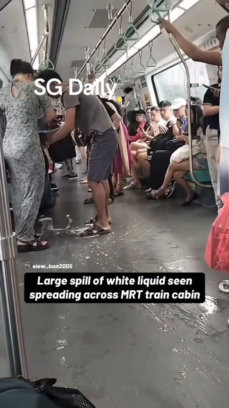 Large spill of white liquid seen spreading across MRT train cabin