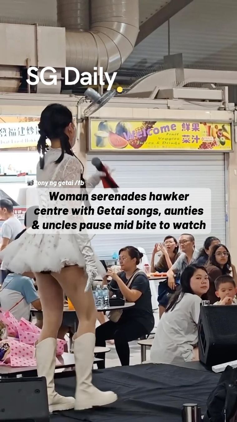 Woman serenades hawker centre with Getai songs as diners pause mid-bite