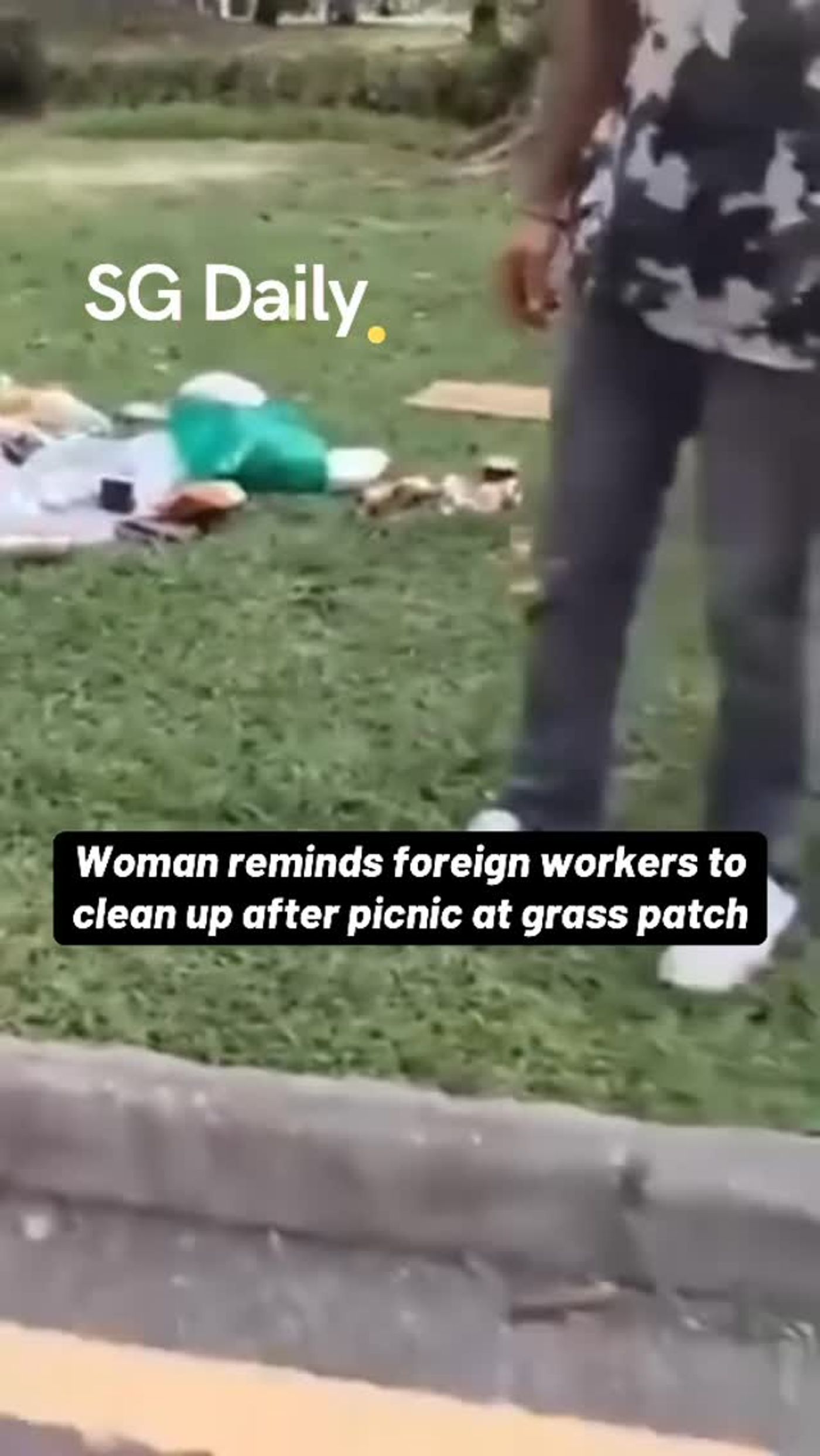 Woman reminds foreign workers to clean up after picnic on grass patch