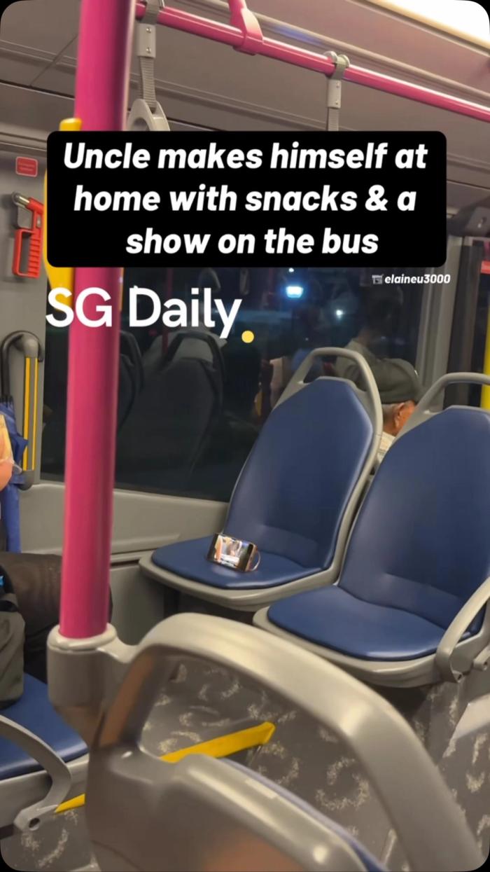 Uncle makes himself at home with snacks & a show on the bus