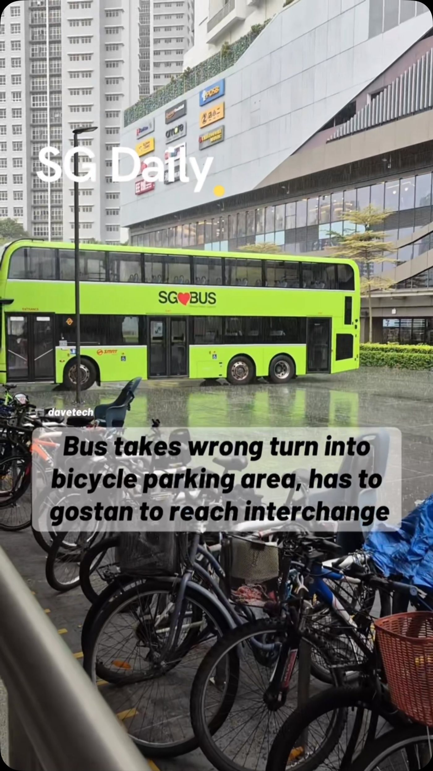 Bus Takes Wrong Turn Into Bicycle Parking Area, Has to Reverse to Reach Interchange