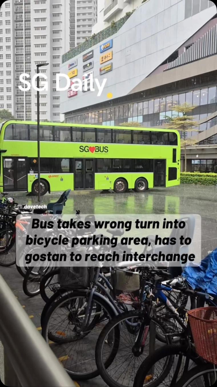 Bus Takes Wrong Turn Into Bicycle Parking Area, Has to Reverse to Reach Interchange