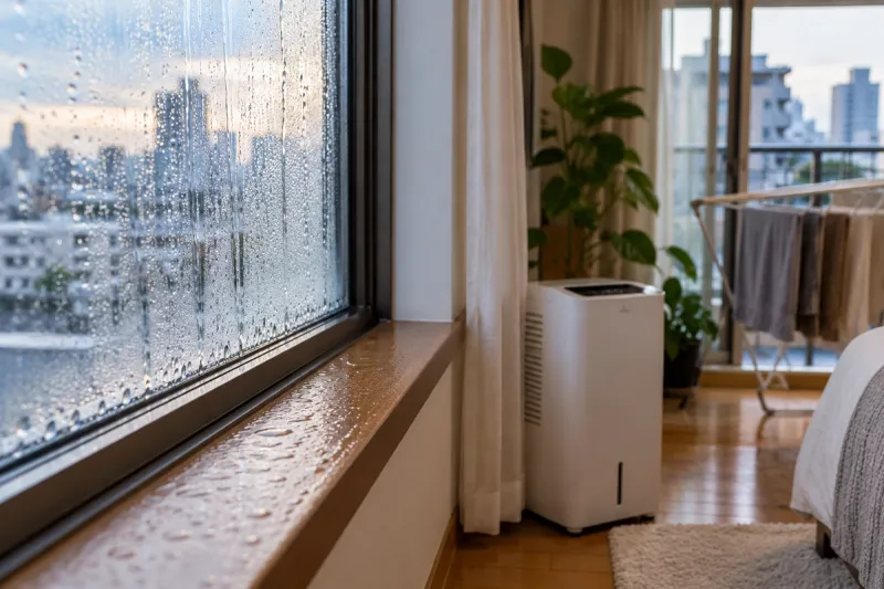 Condensation and moisture on an apartment window in Japan with a dehumidifier helping prevent mold and humidity damage.