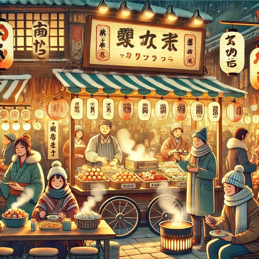 Winter street food market in Osaka, Japan, showcasing traditional dishes like steaming hot pots, takoyaki, and oden. Vendors and customers are dressed in warm winter clothing, with vibrant lanterns and wooden signs creating a cozy, authentic Japanese atmosphere.