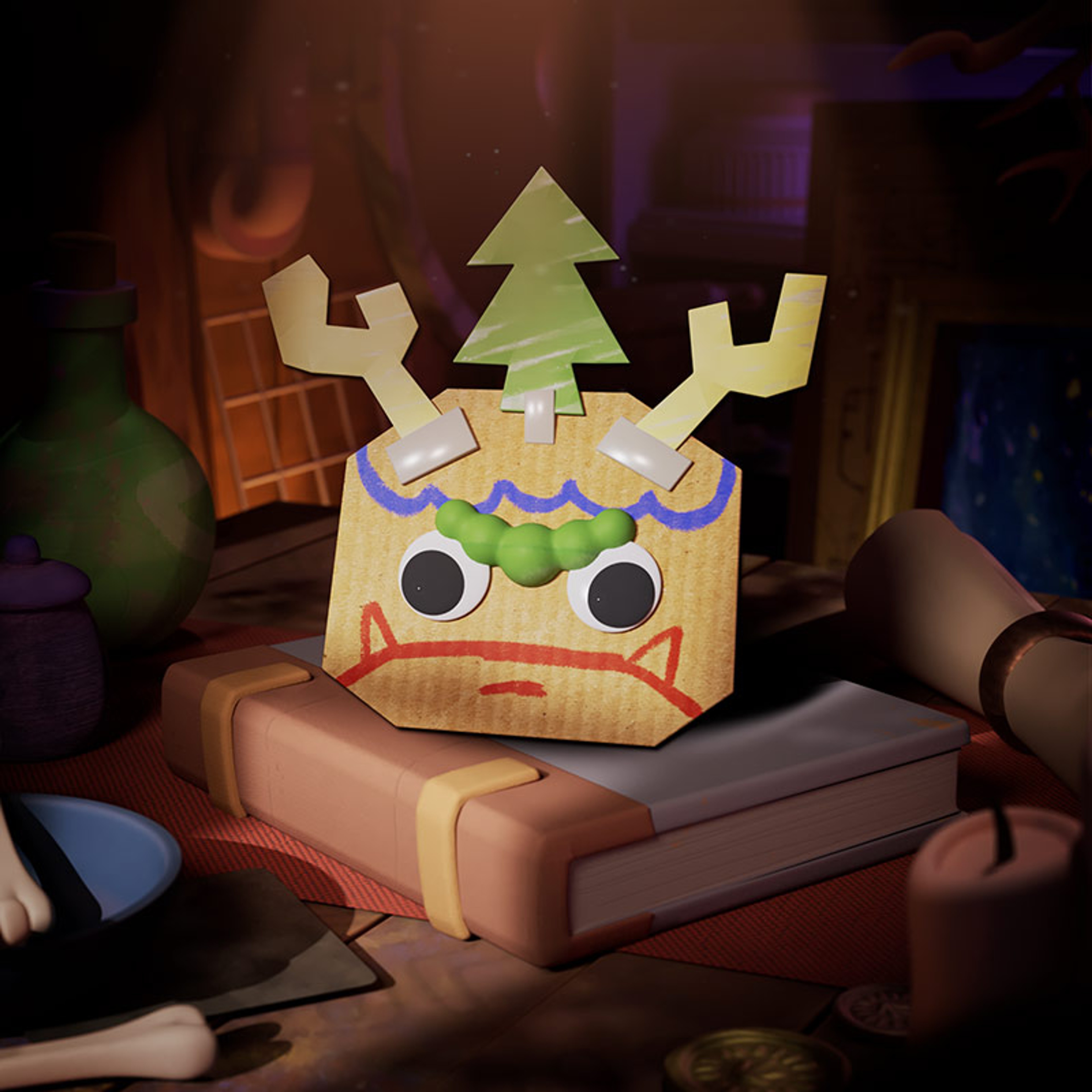 A cardboard and tape mask.